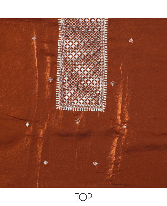 Honey color chudidhar material set, embroidered tissue top, plain bottom & floral vine embroidered scallop tissue dupatta