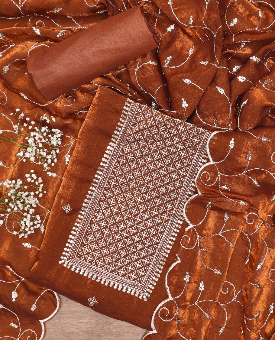 Honey color chudidhar material set, embroidered tissue top, plain bottom & floral vine embroidered scallop tissue dupatta