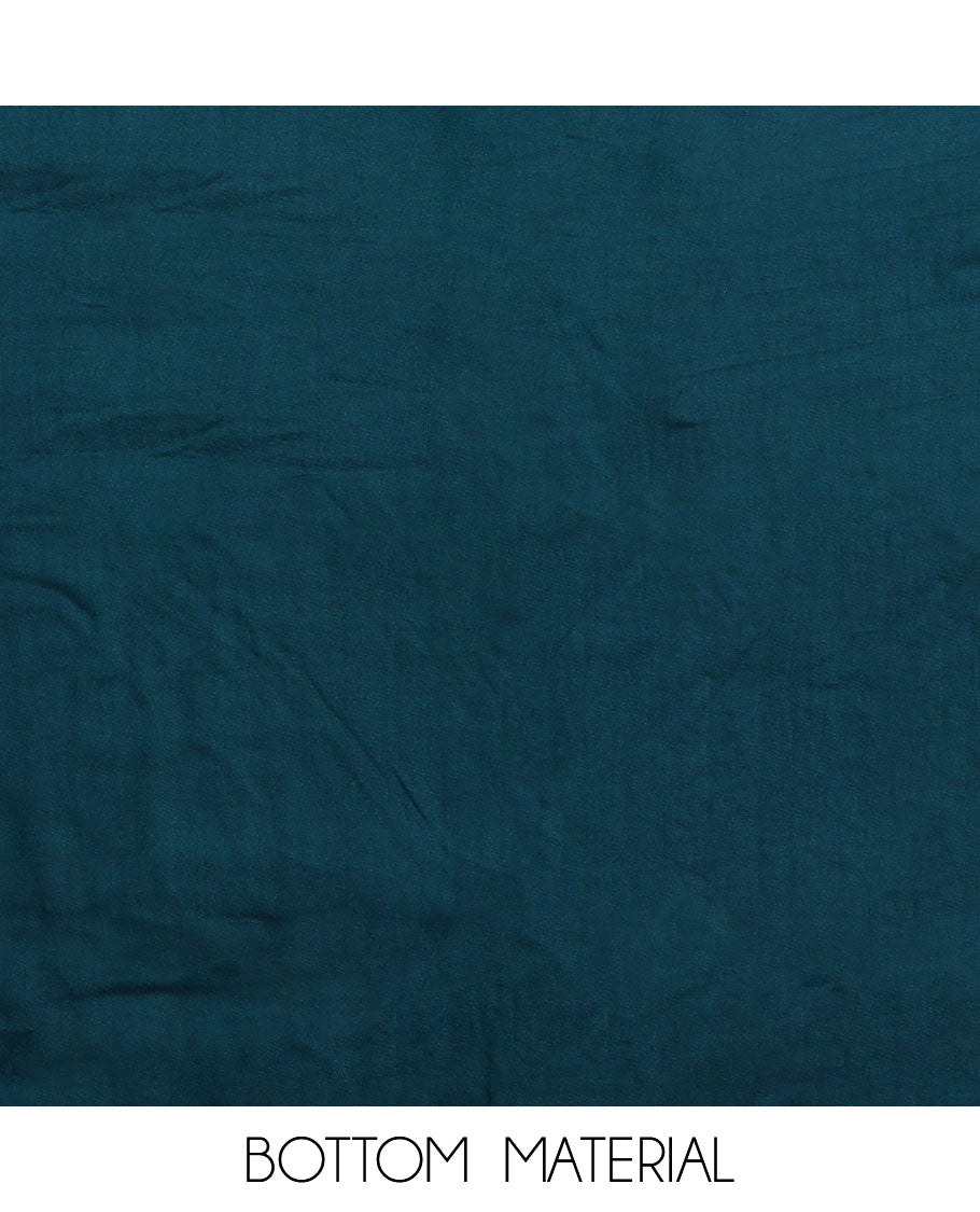 Blue material chudidar set, floral print with neck embroidered top, plain bottom, and a contrast floral printed dupatta