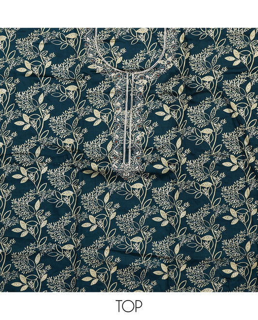 Blue material chudidar set, floral print with neck embroidered top, plain bottom, and a contrast floral printed dupatta