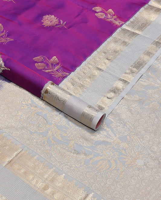 Purple flower buttas vasundhara elite silk saree with contrast traditional zari design border & floral design pallu
