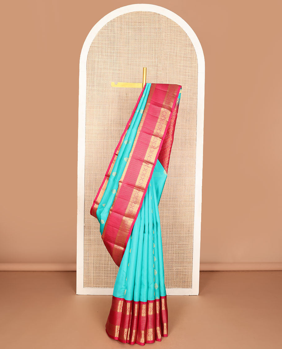 Blue zari buttas vasundhara silk mix saree, contrast border of thilakam,muthu,laddu kamalam & zari designs & pallu of manga & paisa designs