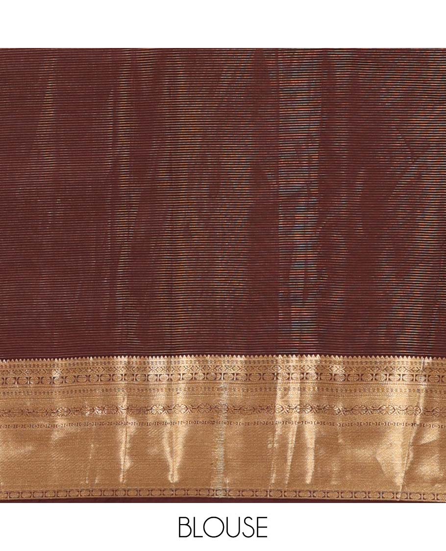 Orange zari buttas Vasundhara silk mix saree, contrast border of rekku, diamond, kamalam, and kodi visiry and intricate pallu