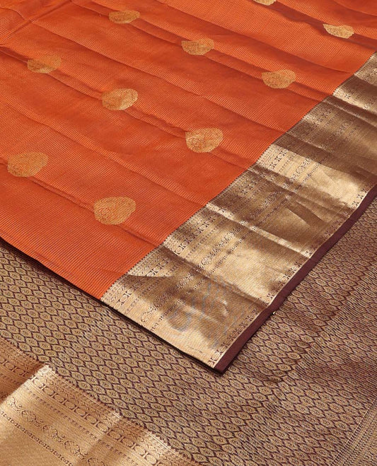 Orange zari buttas Vasundhara silk mix saree, contrast border of rekku, diamond, kamalam, and kodi visiry and intricate pallu