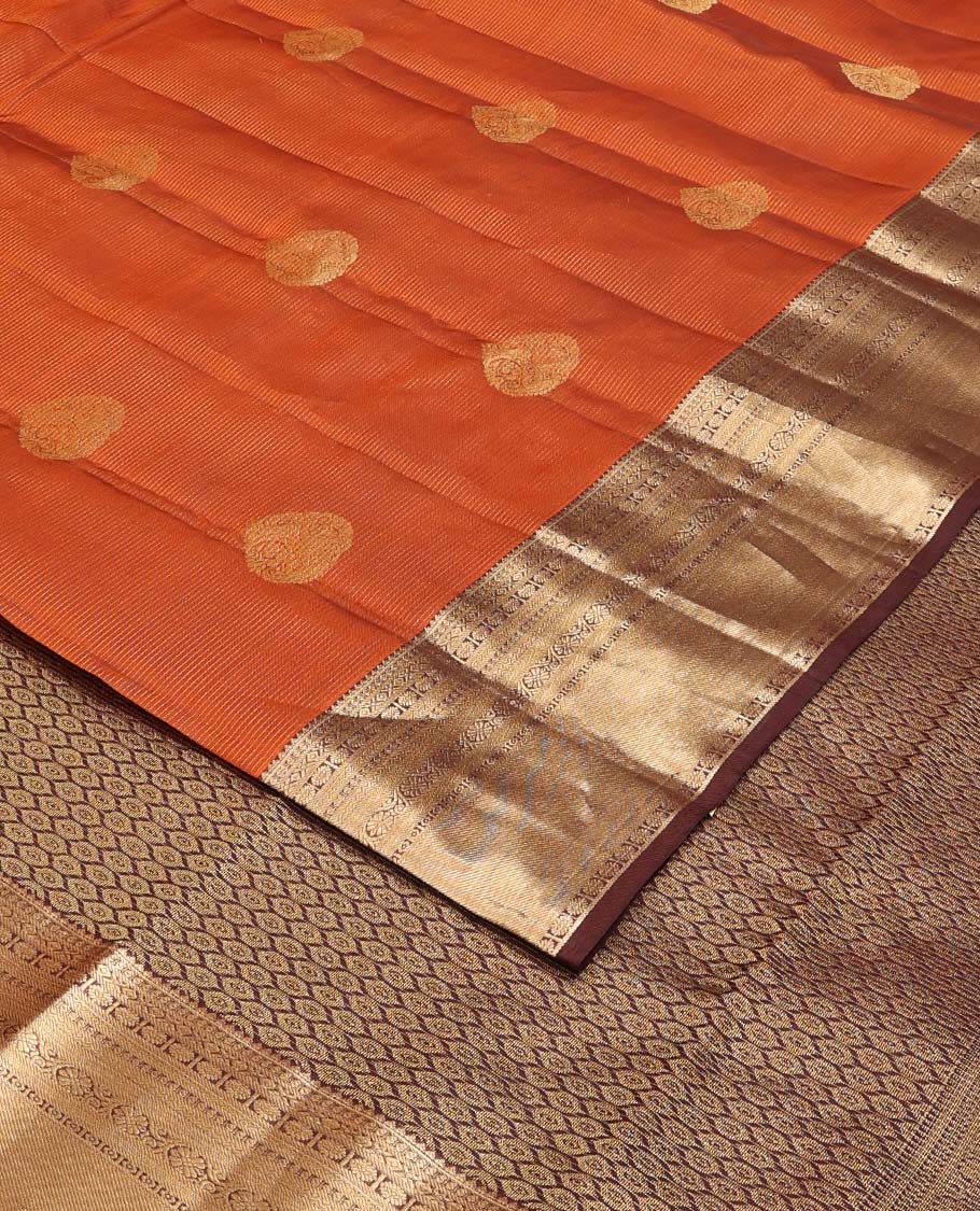 Orange zari buttas Vasundhara silk mix saree, contrast border of rekku, diamond, kamalam, and kodi visiry and intricate pallu