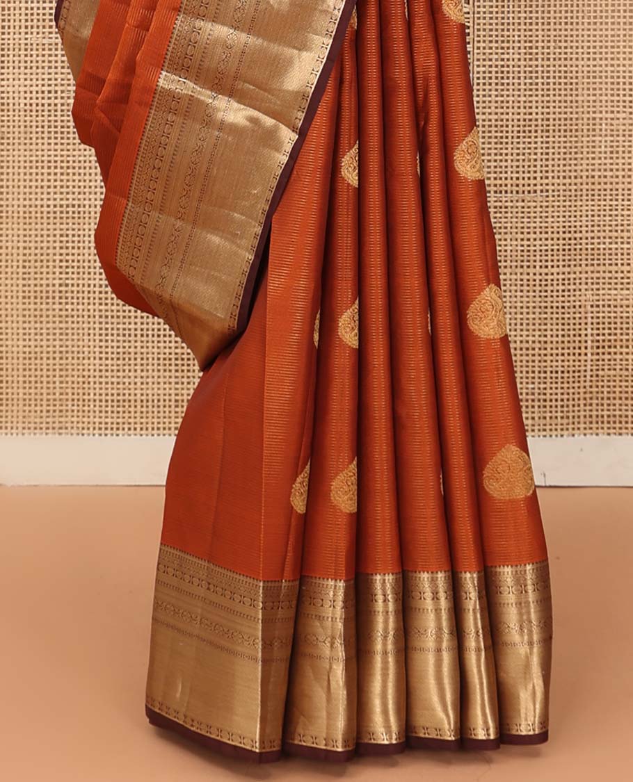 Orange zari buttas Vasundhara silk mix saree, contrast border of rekku, diamond, kamalam, and kodi visiry and intricate pallu