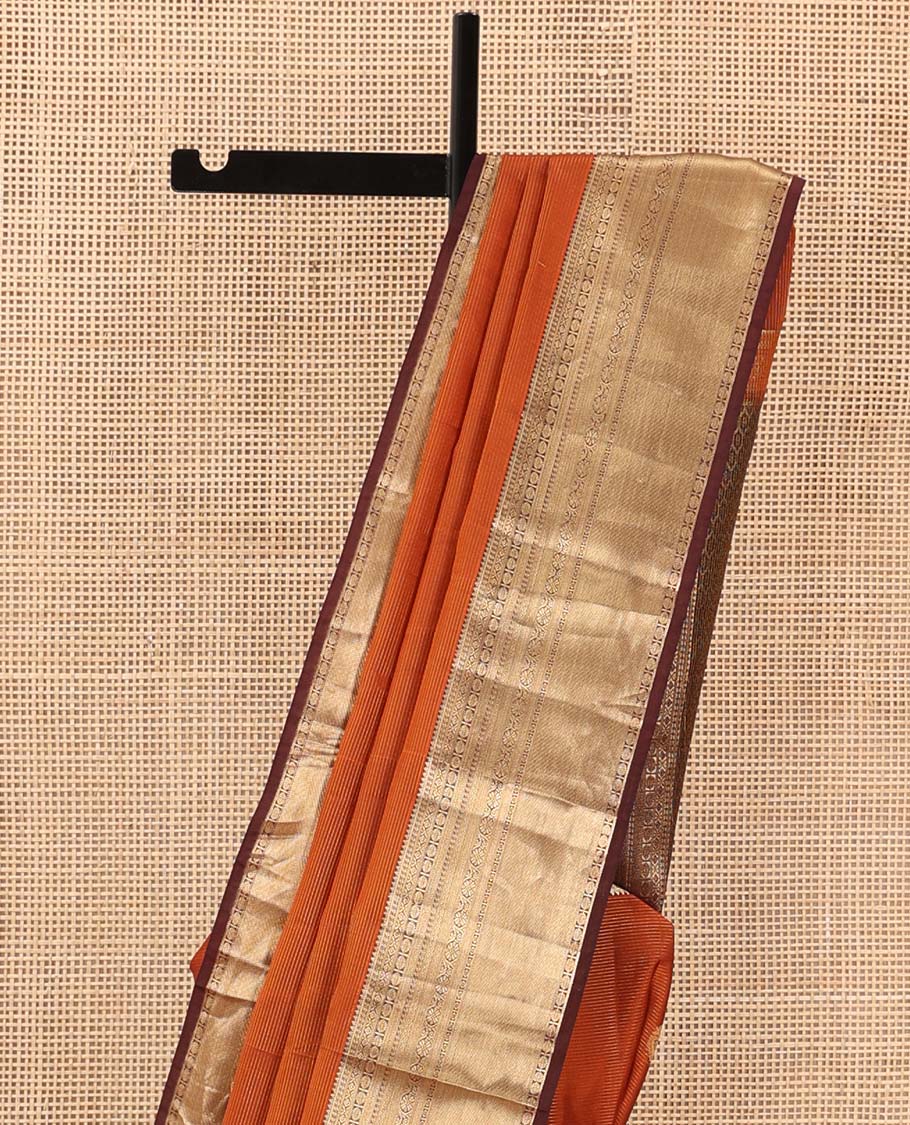 Orange zari buttas Vasundhara silk mix saree, contrast border of rekku, diamond, kamalam, and kodi visiry and intricate pallu