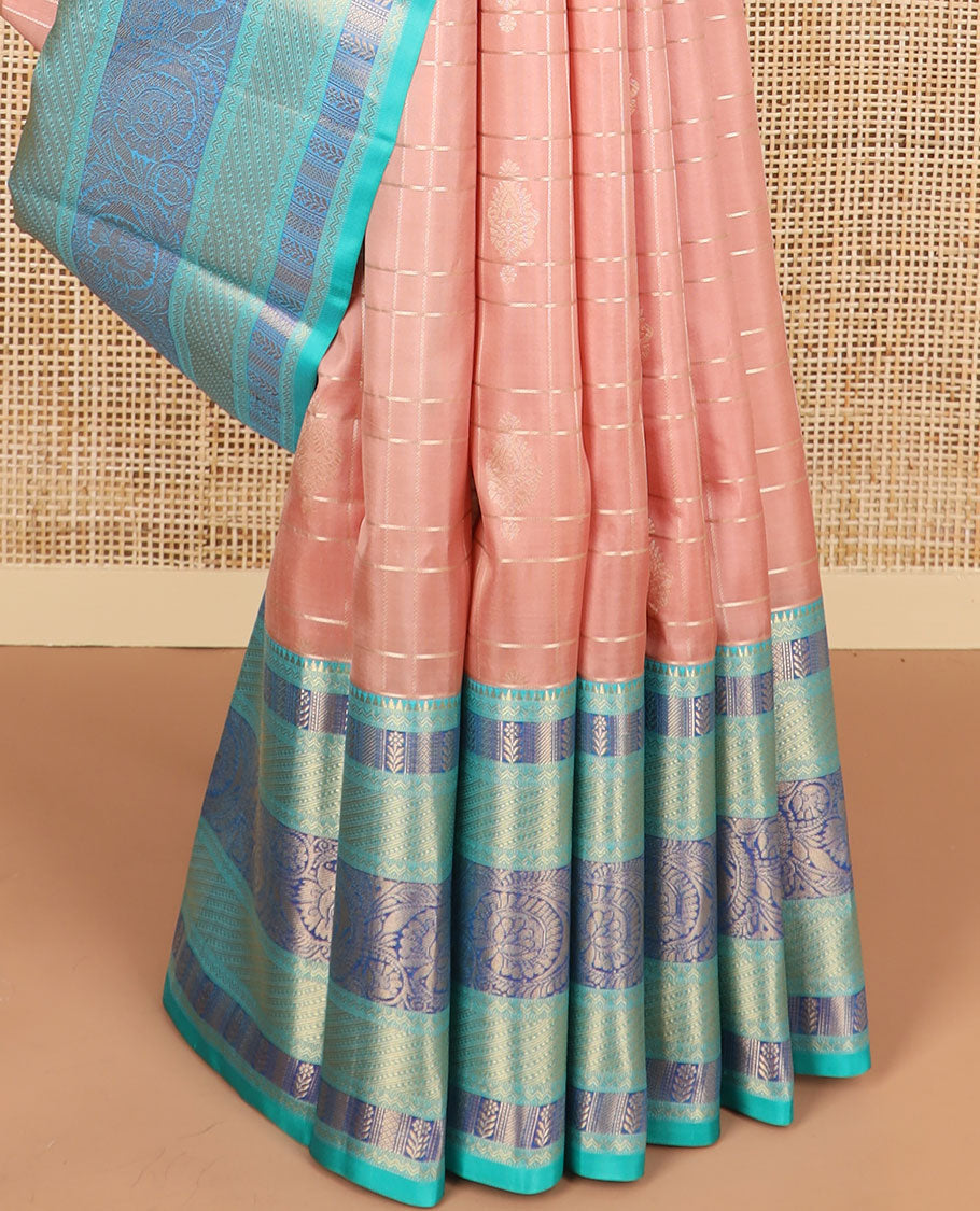 Peach floral buttas silk saree with contrast floral zari design border & geometric design pallu