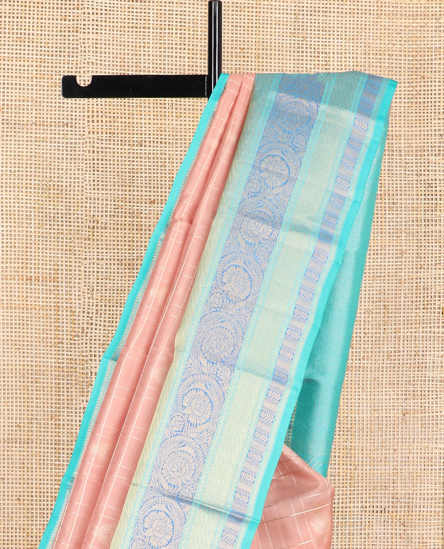 Peach floral buttas silk saree with contrast floral zari design border & geometric design pallu
