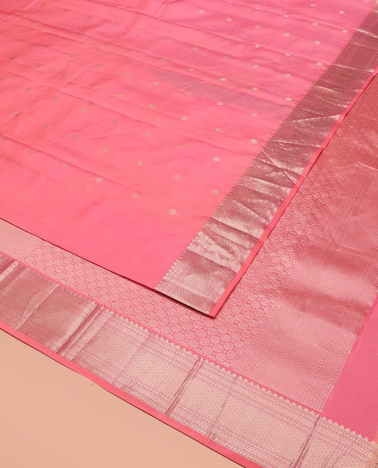 Pink Vasundhara Silk Saree Decked Up with Zari Buttas All Over Its Body, Complemented by Zari Border of Thilakam, and Jaal Designs, Subtly Woven Pallu of Circle Motifs, and Paired with a Matching Blouse