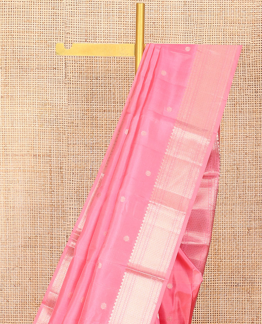 Pink Vasundhara Silk Saree Decked Up with Zari Buttas All Over Its Body, Complemented by Zari Border of Thilakam, and Jaal Designs, Subtly Woven Pallu of Circle Motifs, and Paired with a Matching Blouse