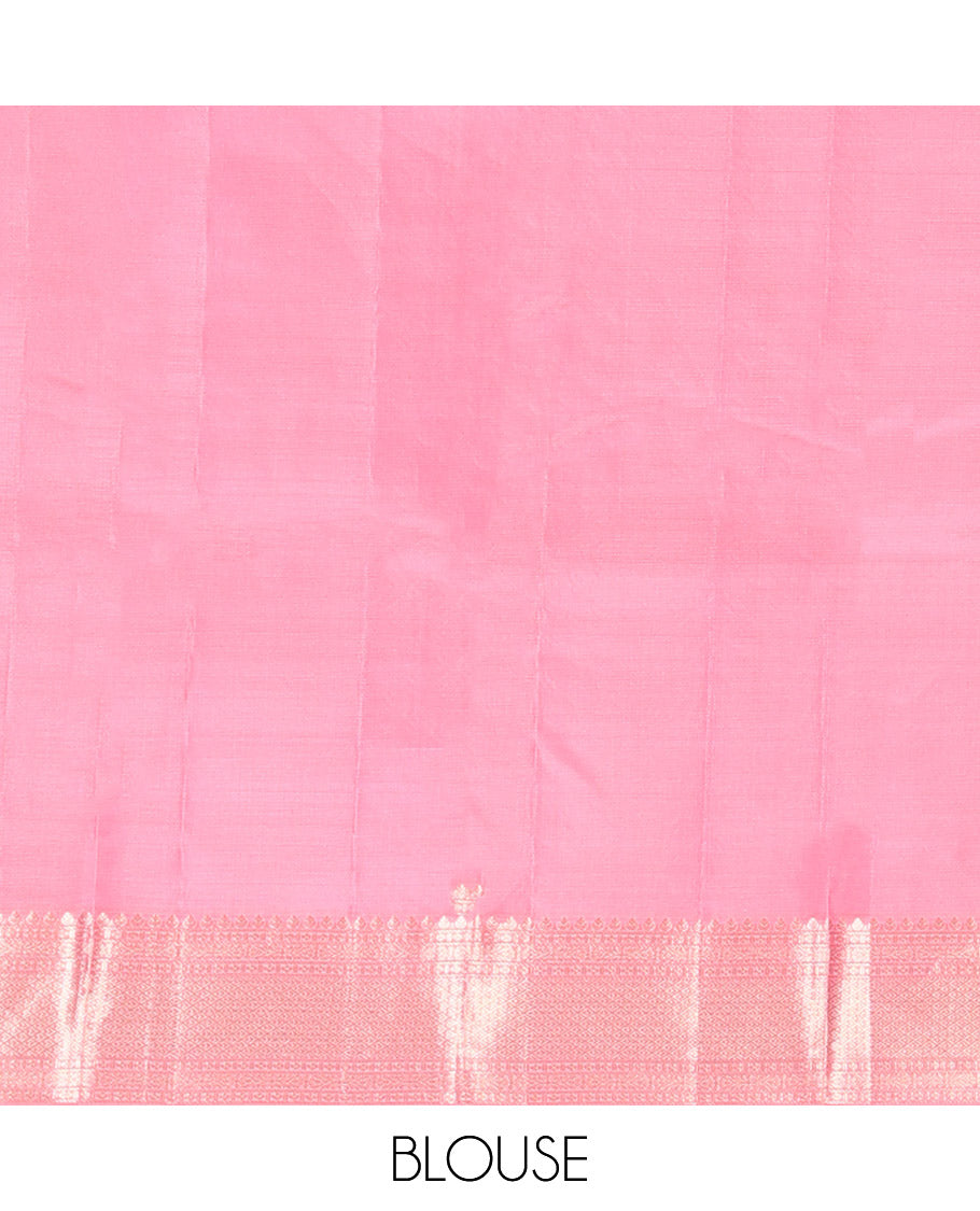 Pink Vasundhara Silk Saree Decked Up with Zari Buttas All Over Its Body, Complemented by Zari Border of Thilakam, and Jaal Designs, Subtly Woven Pallu of Circle Motifs, and Paired with a Matching Blouse