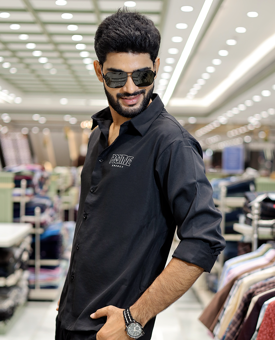 Black Poly-Blended Back Flap Casual Shirt
