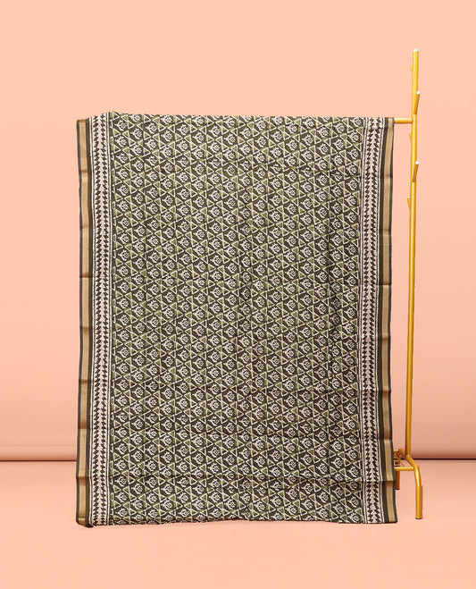 Green Kanchi Cotton Saree, Featuring Floral and Triangle Print All Over Its Body, a Subtle Border, Pallu of Floral Vine and Triangle Print, and Paired with a Contrast Blouse
