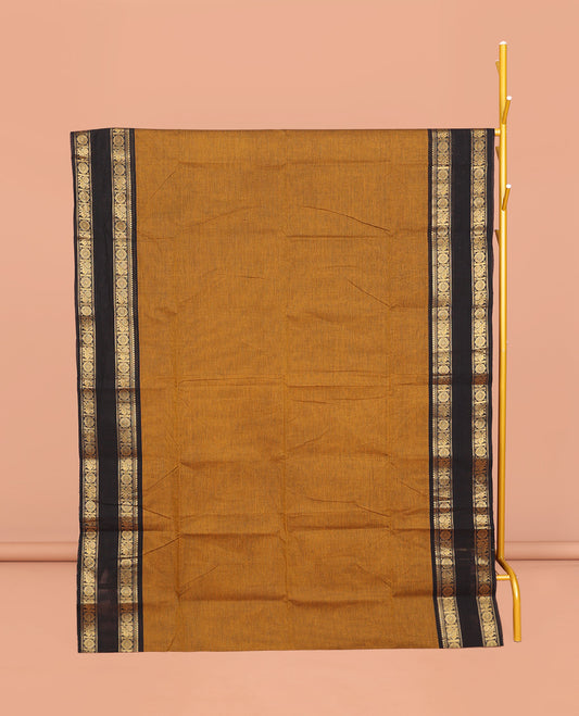 Mustard Plain Chettinad Cotton Saree, Contrast Rettai Pettu Peacock-Chakram Border, Striped Pallu, and a Matching Blouse