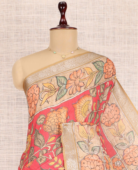 Red Kalamkari Printed Fancy Tussar Saree