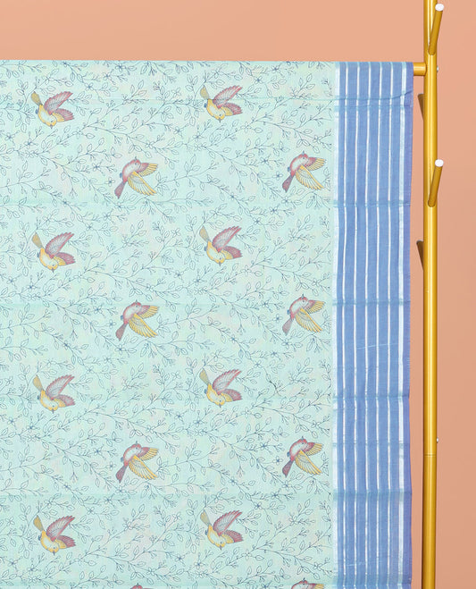 Green Chirala Cotton Saree, Accentuated with Floral-Bird Print, a Contrast Border, Printed Pallu, and a Matching Blouse