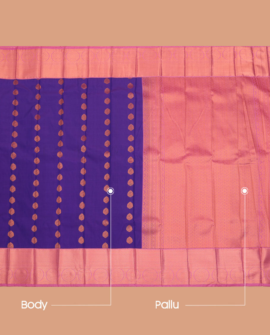 Violet Budget Silk Saree, Adorned with Zari Buttas All Over Its Body, Complemented by a Contrast Traditional Zari Border, Grand Jaal Pallu, and Paired with a Contrast Blouse