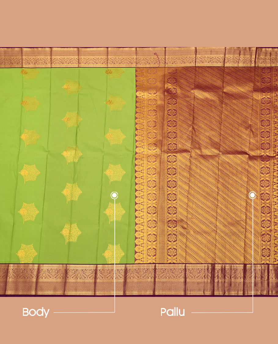 Green Budget Silk Saree, Gracefully Embellished with Zari Buttas, Contrast Traditional Zari Border, Grand Pallu, and a Contrast Blouse