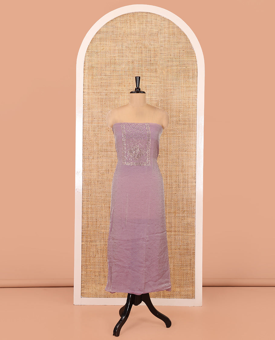 Lavender Moss Organza Material Chudidar Set, Finely Crafted with Stonework Top, a Plain Bottom, and Floral Printed Scallop-Stonework Bordered Dupatta