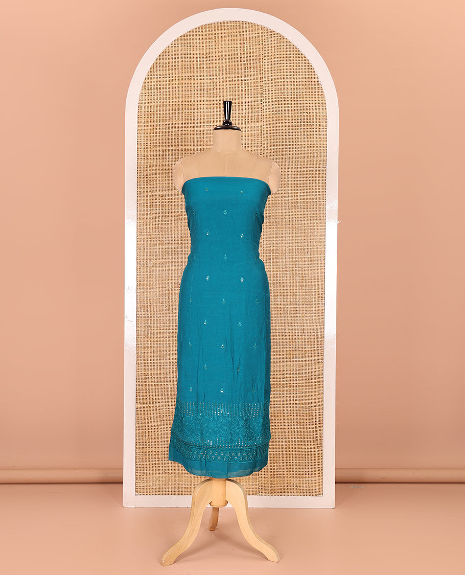 Rama green material chudidar set, Kashmir embroidered and sequins work mul chanderi top, plain santoon bottom, and scallop embroidered dupatta