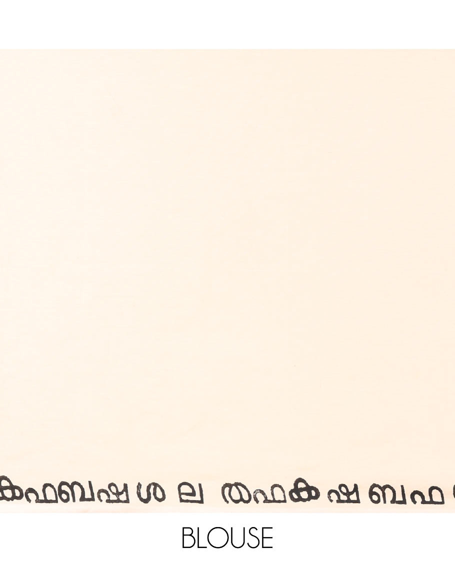 Borderless Cream South Cotton Saree, Accentuated with Malayalam Letter Motifs Printed All Over Its Body, Pallu Mirrors the Same Print, and Paired with a One Matching Blouse, and One Contrast Printed Blouse