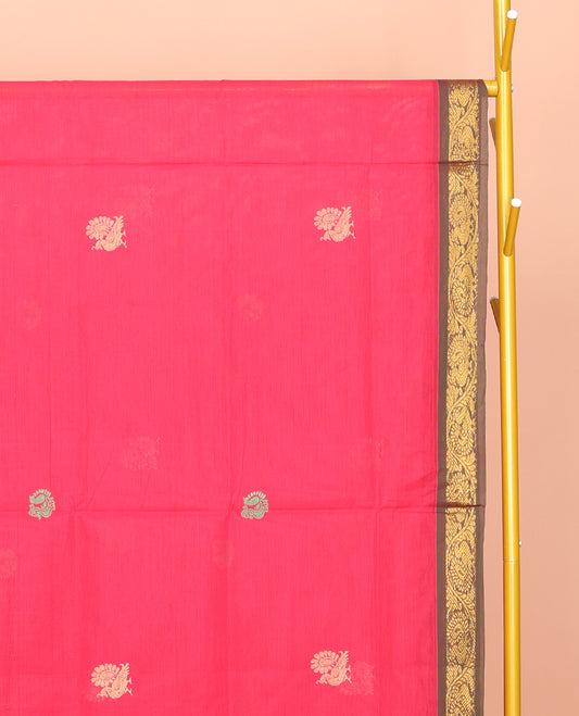 Red Venkatagiri Cotton Saree, Elevated with Peacock Buttas, a Contrast Traditional Zari Border, Pallu of Stripes and Buttas, and No Blouse
