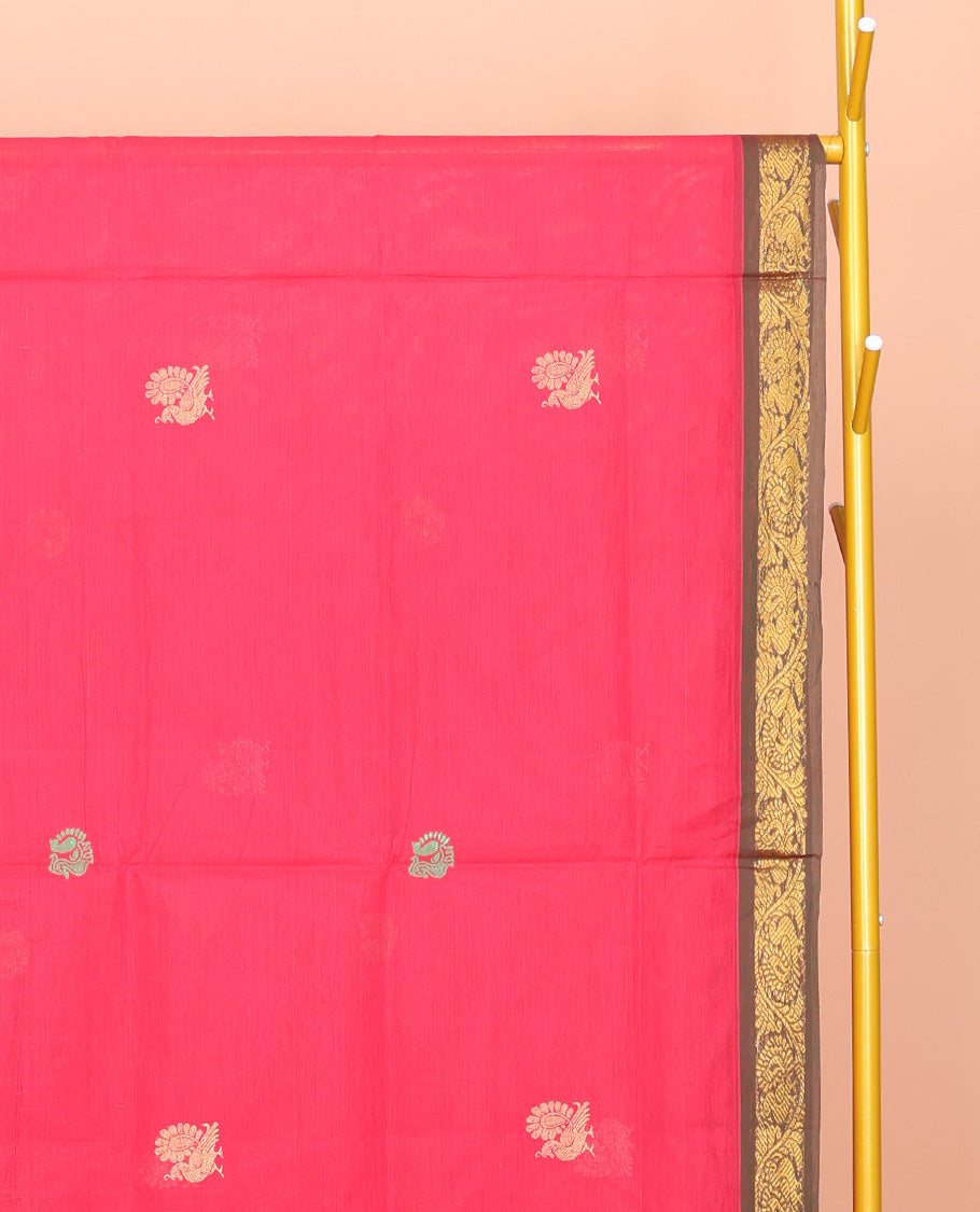 Red Venkatagiri Cotton Saree, Elevated with Peacock Buttas, a Contrast Traditional Zari Border, Pallu of Stripes and Buttas, and No Blouse