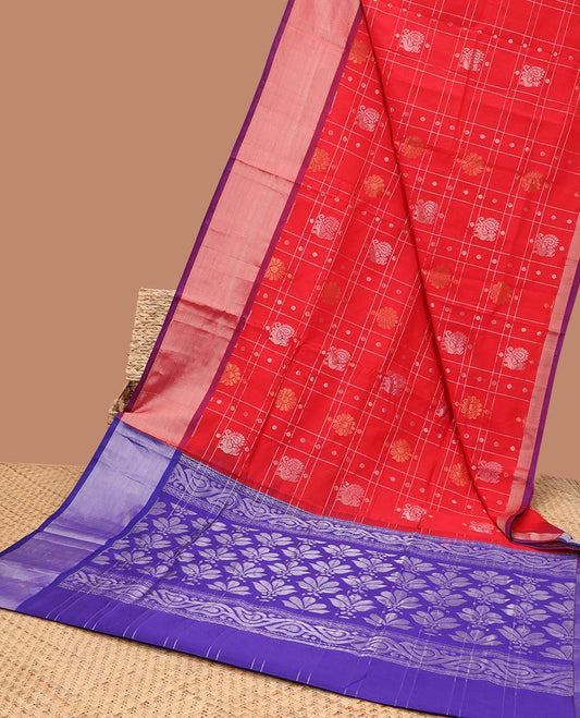 Red striped kuppadam cotton saree, plain border & contrast pallu of intricate designs