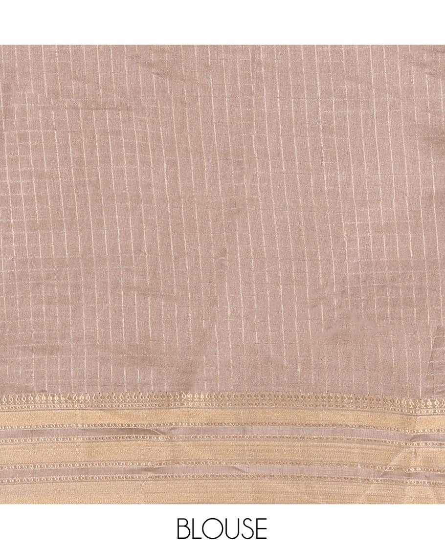 Dark Brown Moss Chiffon Saree, Bedecked with Zari Checks All Over Its Body, Complemented by a Contrast Traditional Zari Design Border, Zari Striped Pallu, and Paired with a Contrast Blouse