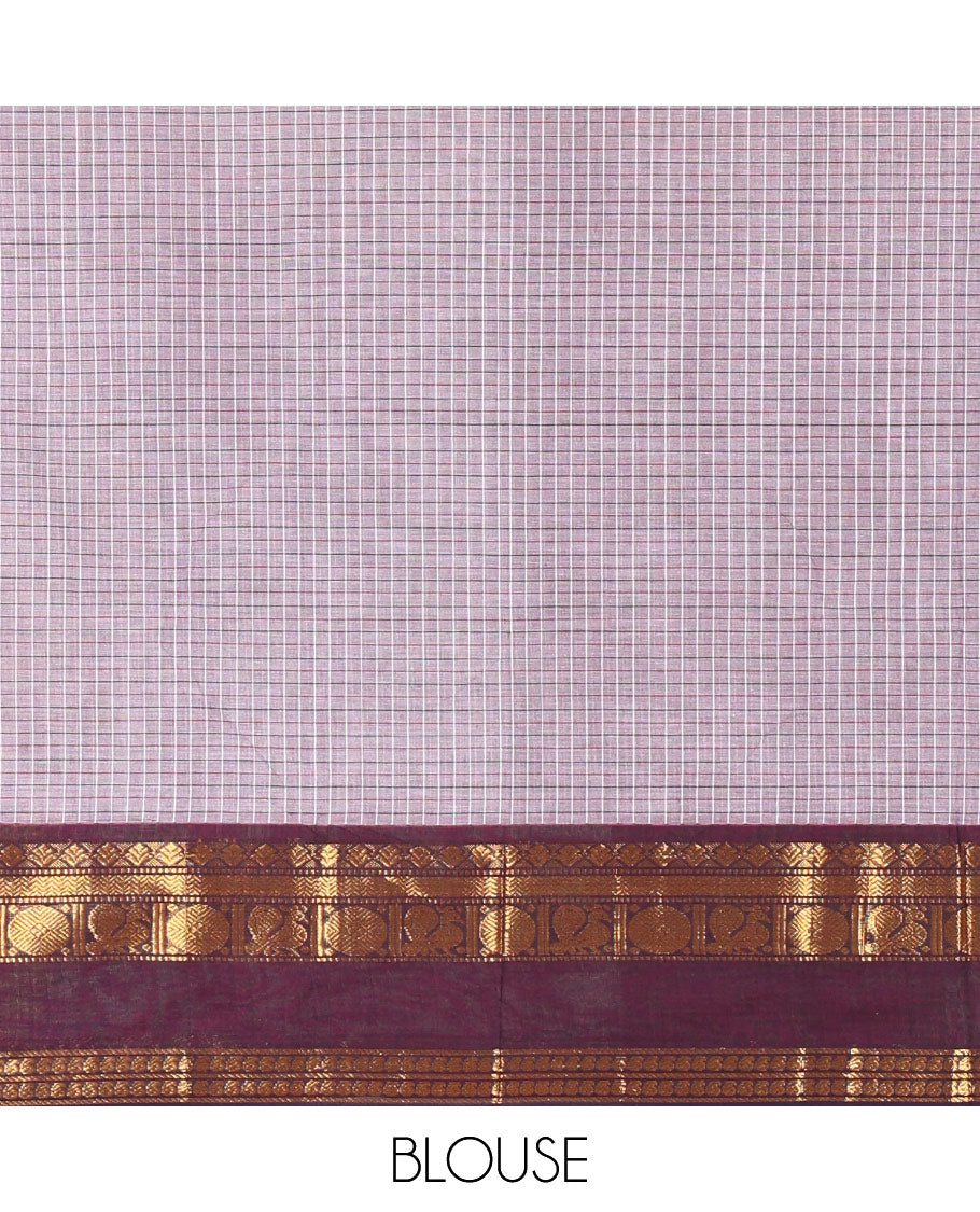 Grey Chettinad Cotton Saree, Subtly Sparkled with Micro-Checked Designs on Its Body, Complemented by Contrast Rettai Pettu Traditional Zari Design Ganga-Jamuna Border, Subtly Striped Pallu, and Paired with a Matching Blouse