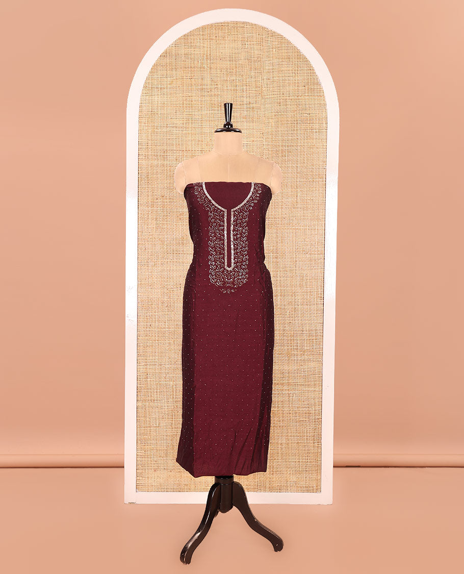 Maroon Vichitra Silk Material Churidar Set, Finely Crafted with Swarovski Stone Work and Neck Work Top, Comes with a Plain Santoon Bottom, and Is Paired with Nc Moss Organza Floral Jaal Design Dupatta