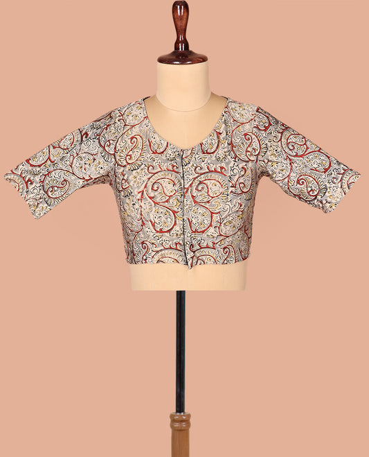 Grey Readymade Blouse Mesmerized with Paisley Vine Print, Featuring Front Round Neck, Back Round Neck, and Elbow Sleeves