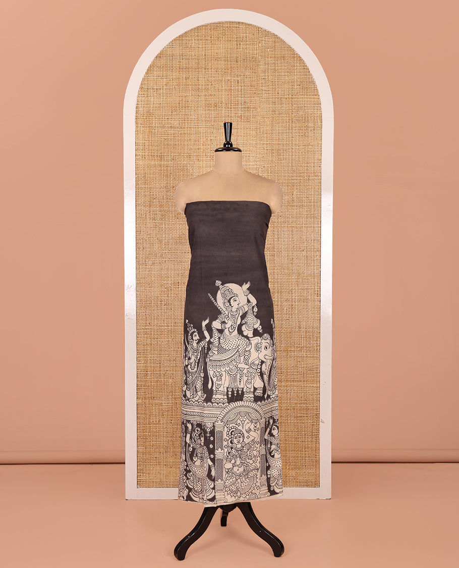 Cream-Black Cotton Material Chudidar Features Kalamkari Ancient Humans Printed Top, Contrast Bottom, Kalamkari Dupatta