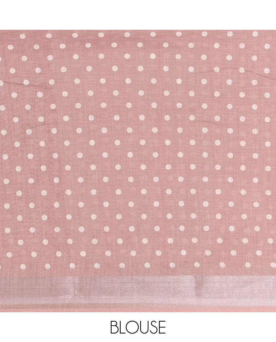Cream and Brown Plain Linen Cotton Saree, Subtly Ombre-Style Dual-Color Dye on Its Body, Subtle Bavanji Zari Border, Pallu Features Rangoli-Style Patterns Print, and Paired with a Polka Dots Printed Blouse