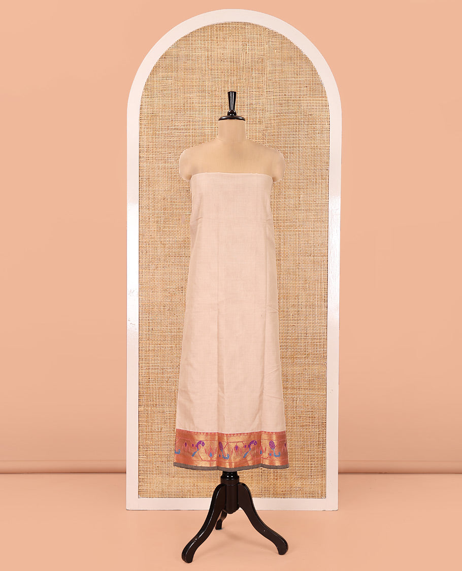 Cream Mercerised Cotton Material Chudidar Set, Entralled with Paithani Bordered Top, a Mercerised Cotton Bottom, and Paired with a Matching Mercerised Cotton Paithani Bordered Dupatta