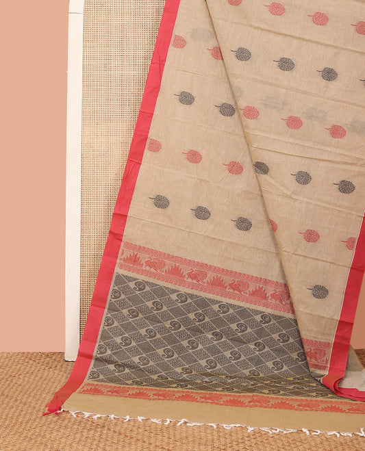 Sandal Kanchi Cotton Saree, Accentuated with Tree Buttas All Over Its Body, Complemented by a Contrast Border, Pallu Showcasing Paisley-Jaal Designs, and Paired with a Matching Blouse