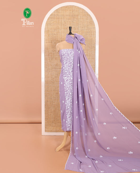 Lavender Material Chudidar Set Featuring Chikankari-Style Paisley Vine Design, Thread-Embroidered Georgette Top, Subtly Made Plain Santoon Material Bottom, and a Floral Motifs-Embroidered Georgette Scallop-Bordered Dupatta