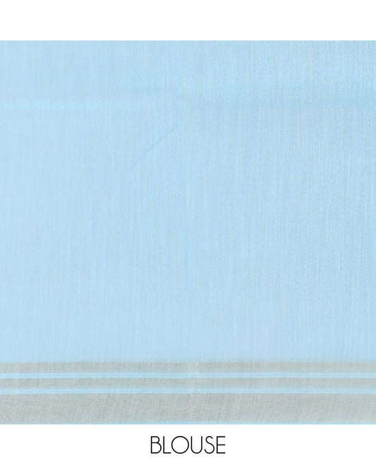 Blue intricately printed budget cotton saree, plain border & intricate pallu