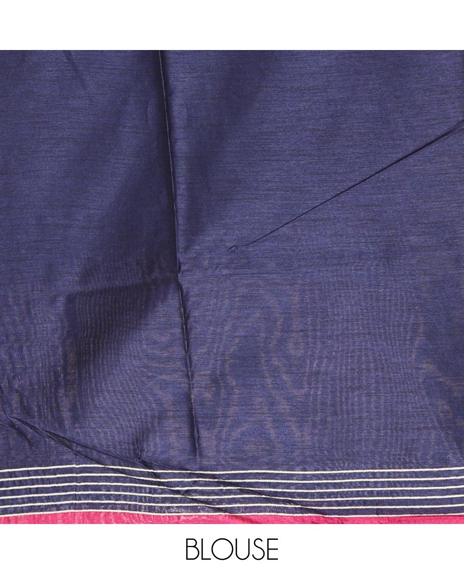 Borderless Rani Pink Semi-Raw Silk Saree Featuring Elegant Vertical Sequin Stripes Running Across the Body, Complemented by a Contrast Thread-Work Pallu and Paired with a Contrast Blouse