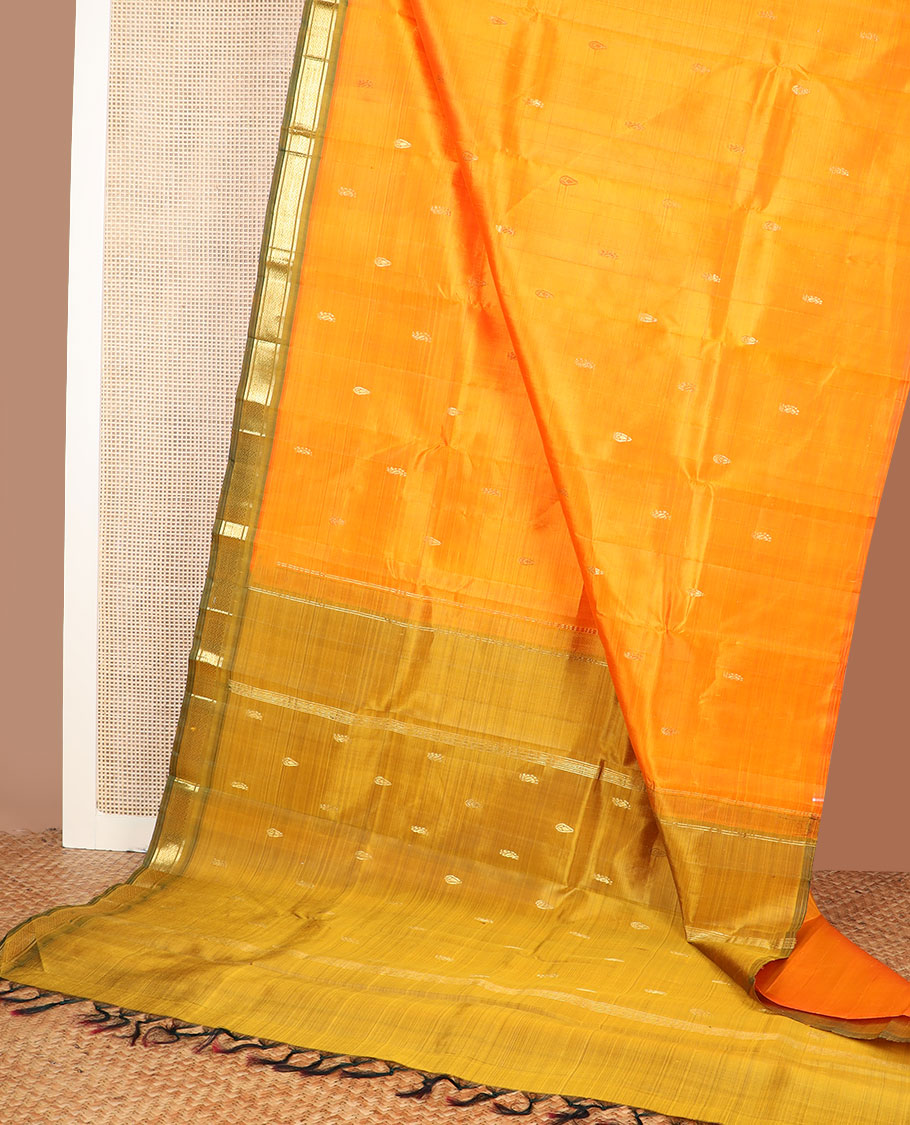 Yellow zari buttas kanchipuram silksaree, contrast one-sided border of banaras & mayil kann & zari design pallu
