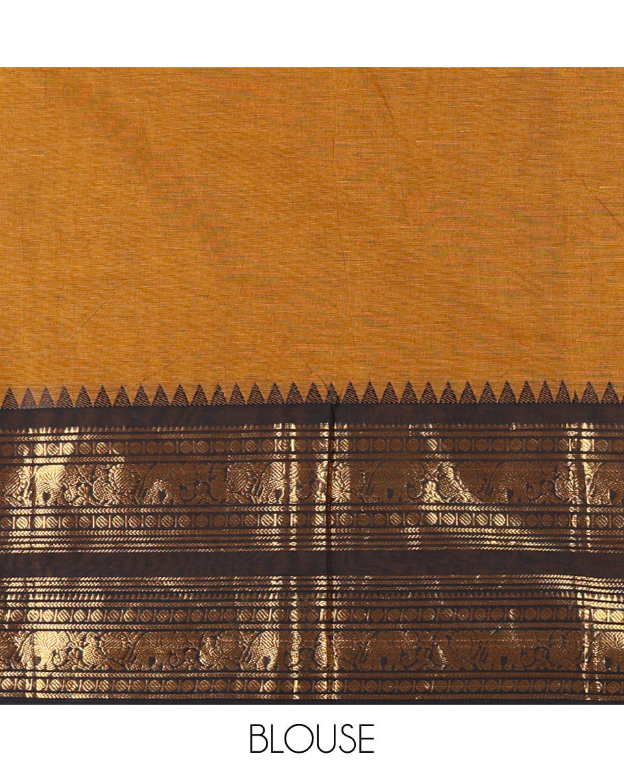 Mustard Plain Chettinad Cotton Saree, Complemented by a Contrast Temple Rettai Pettu Border Featuring Elephant, and Peacock Motifs, Subtly Striped Pallu, and Paired with a Matching Blouse