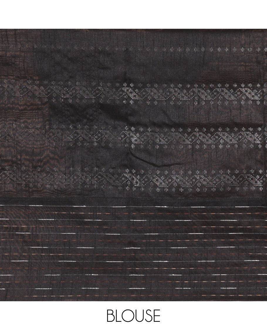 Rani Pink Semi-Raw Silk Saree, Sparsely Woven with Zari Designs, a Contrast Striped Border, Striped Pallu, and a Contrast Blouse