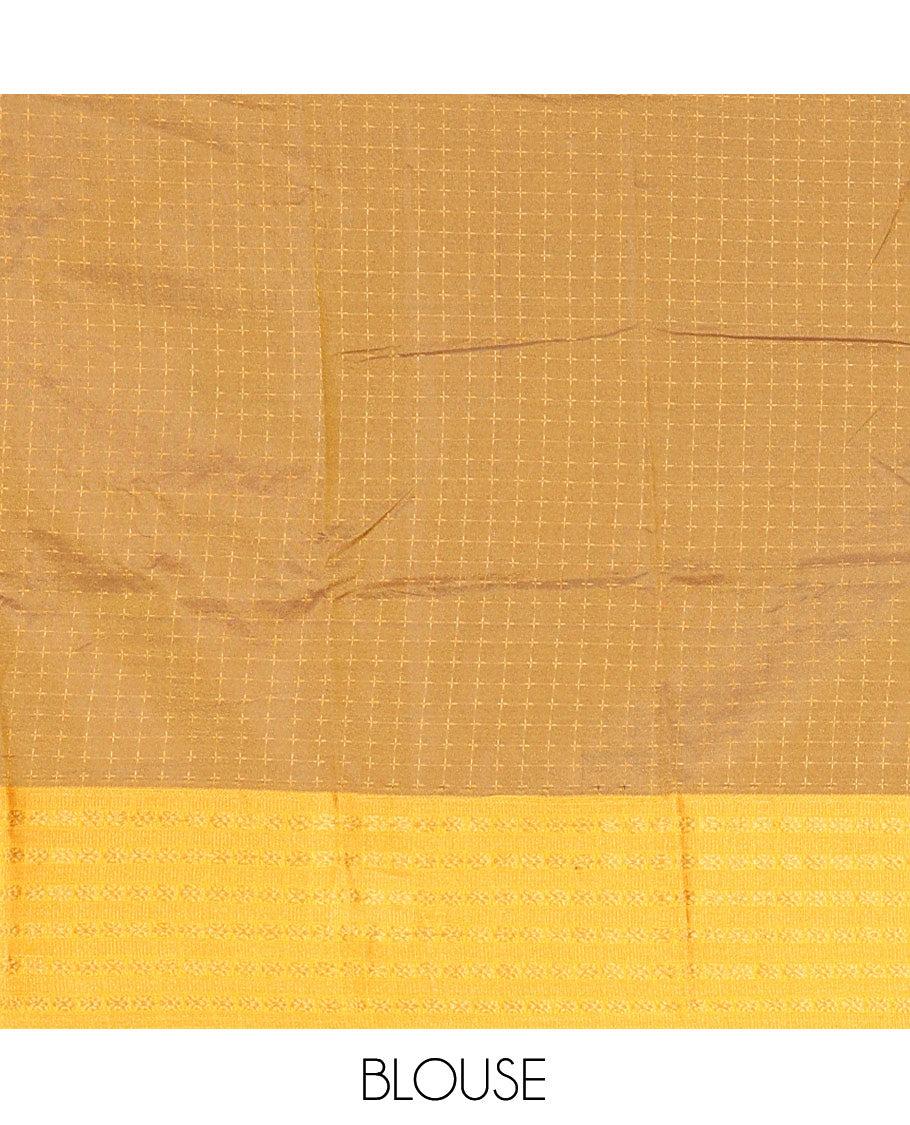 Green-Yellow Semi-Soft Silk Saree, Adorned with Plus-Shaped Buttas, Complemented by a Contrast Border, Striped Pallu, and a Contrast Blouse