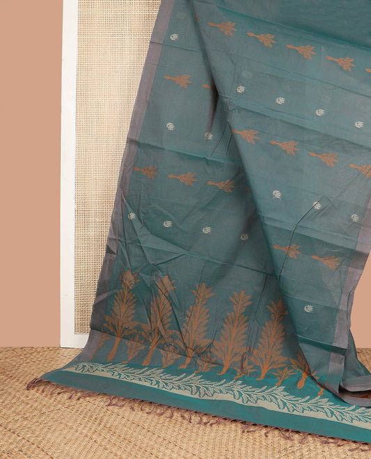 Sea green all-over floral design coimbatore cotton saree with contrast plain border