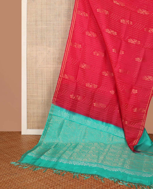Red striped, floral motifs uppada saree with self border & floral design pallu