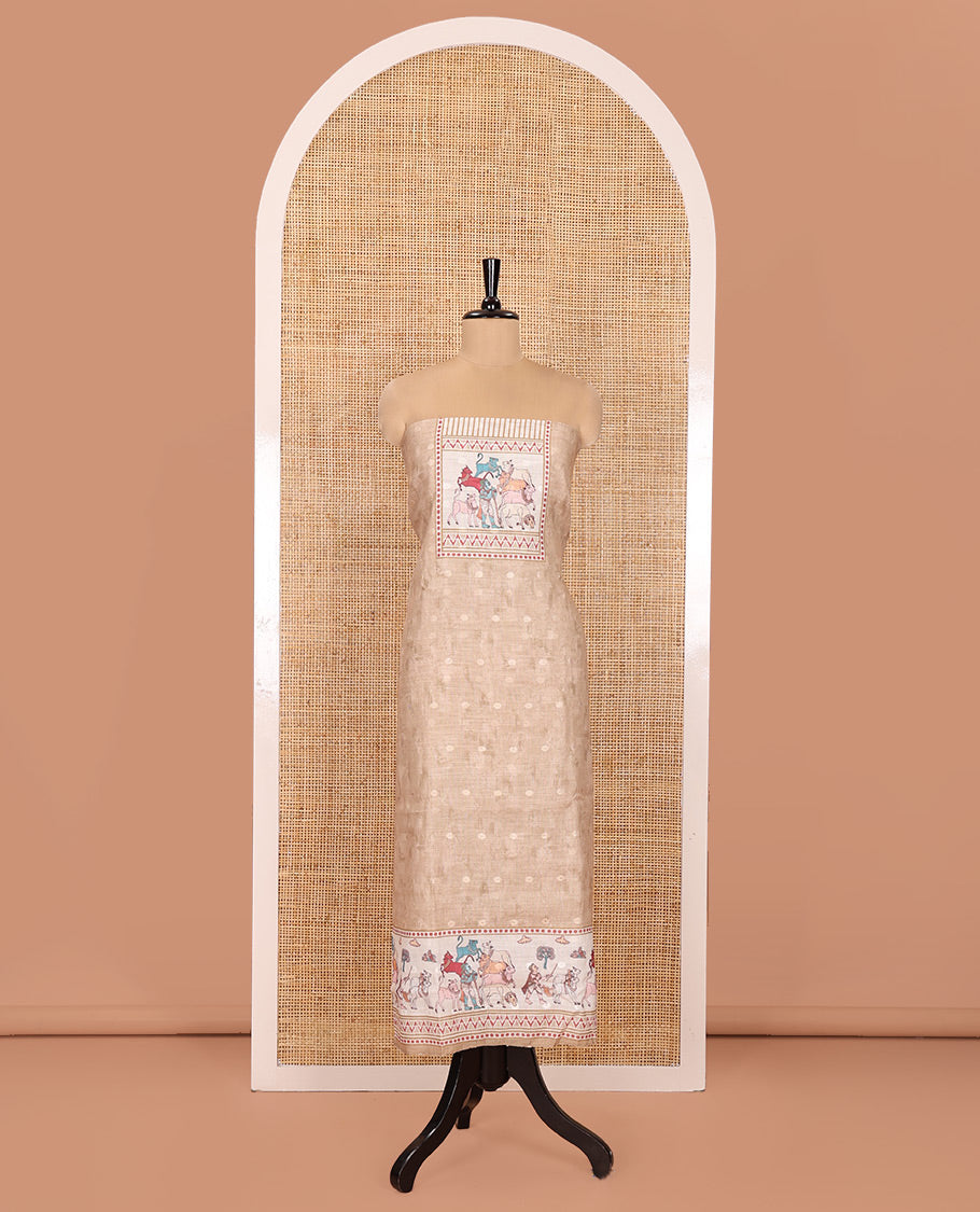 Chikku Material Churidar Set, Sparsely Woven with Buttas and Pichwai Cow Printed Semi-Linen Top, Comes with a Contrast Plain Santoon Bottom, Santoon Dupatta of Unique Pichwai and Human Figurines Print
