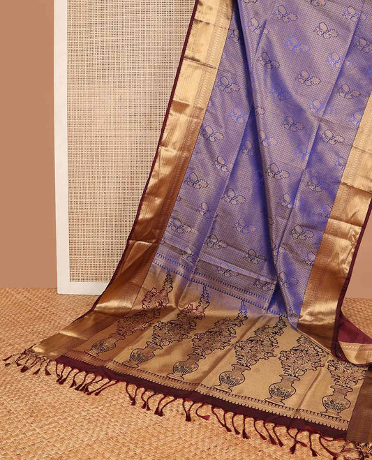 Blue checked, floral motifs soft silk saree with contrast zari design border & floral design pallu