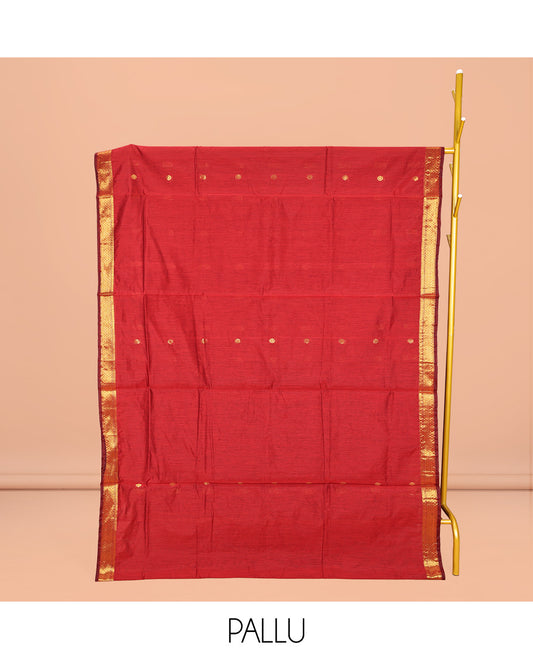 Red Maheshwari Cotton Saree, Decked Up with Buttas All Over Its Body, Highlighted by Zari Traditional Border, Complemented by a Contrast Pallu Steeped with Buttas, and Paired with a Contrast Blouse