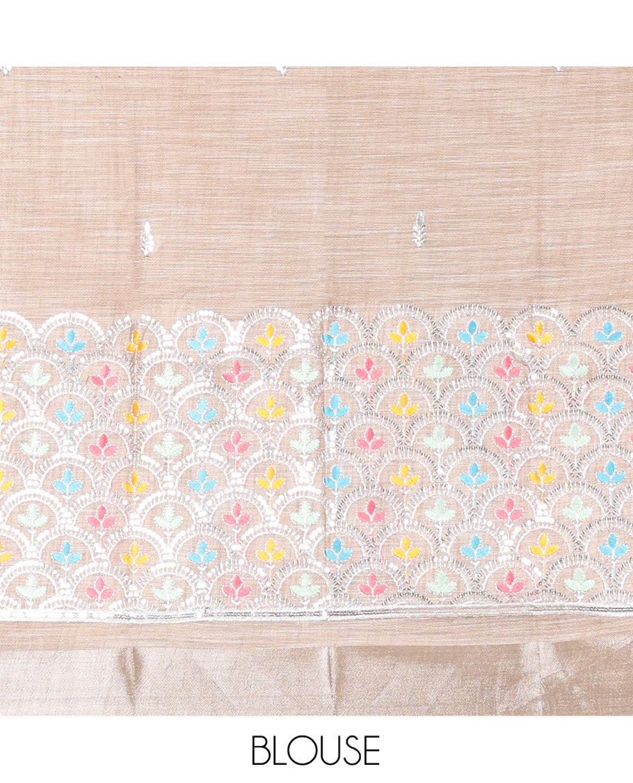 Beige Jute Linen Cotton Saree, Adorned with Checked Design on Its Body, a Subtle Self-Border, Striped Pallu, and Paired with a Matching Thread Embroidered Blouse